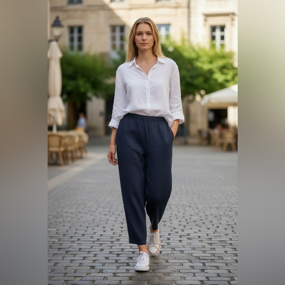 Flax Brand Wide-Leg Navy Linen Pants - Picture 2 of 10